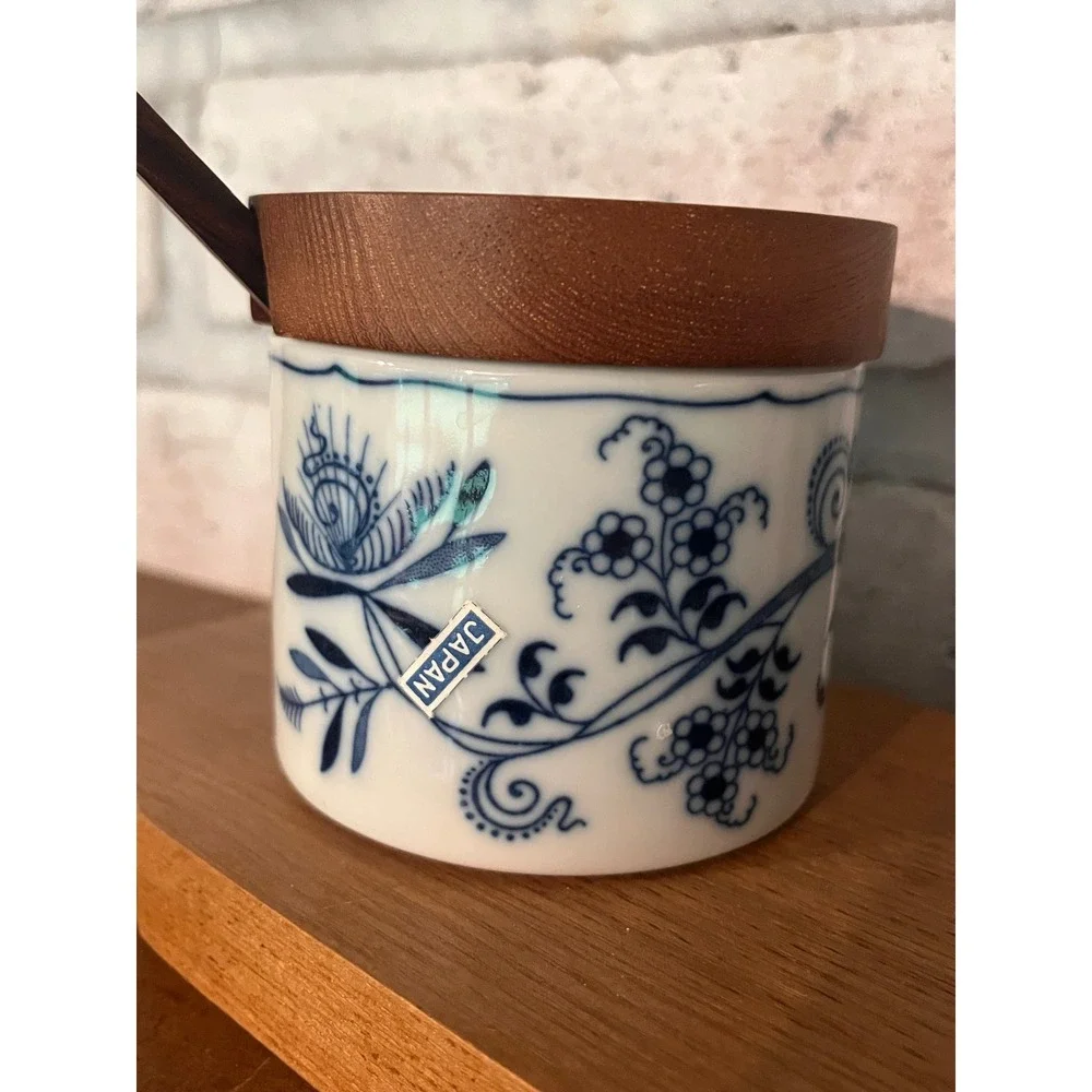 Blue Danube Blue Onion Ceramic Jars blue floral patterns, wooden lid/spoon/tray